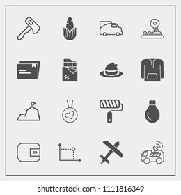 Modern, simple vector icon set with mountain, sky, flight, travel, power, necklace, bulb, purse, fashion, car, technology, light, axe, energy, finance, construction, money, vegetable, transport icons