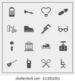 Modern, simple vector icon set with love, old, footwear, train, cream, phone, finance, business, fashion, chair, banking, telephone, bank, mobile, boat, brush, water, music, interior, white, ice icons