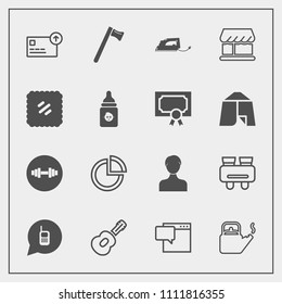 Modern, simple vector icon set with profile, musical, electric, curtain, account, chat, telephone, phone, business, equipment, iron, vision, message, ringing, call, communication, fitness, steam icons