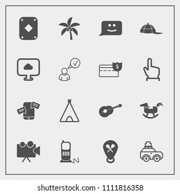 Modern, simple vector icon set with face, bag, toy, summer, music, cloud, communication, tent, projection, clothing, phone, smile, nature, luggage, travel, suitcase, tropical, baby, play, guitar icons