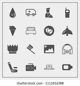 Modern, simple vector icon set with match, brush, drink, king, fashion, cricket, cap, rescue, stereo, water, queen, energy, sign, equipment, health, handle, hat, royal, clean, ambulance, luxury icons