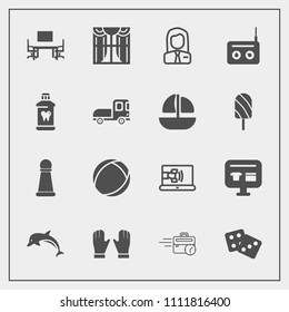 Modern, simple vector icon set with job, late, chess, equipment, ball, glove, sitting, table, music, dolphin, animal, sale, light, dice, casino, employer, cart, nature, office, employee, radio icons