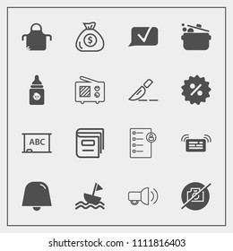Modern, simple vector icon set with sailboat, plastic, photo, job, camera, sail, money, milk, wireless, apron, document, signal, cook, no, antenna, kitchen, business, human, blackboard, bottle icons
