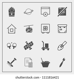 Modern, simple vector icon set with architecture, rake, shovel, package, cargo, building, paint, page, snack, gardening, money, tennis, finance, noodle, equipment, banking, station, chinese icons