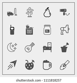 Modern, simple vector icon set with plane, cabinet, travel, play, interior, furniture, cocktail, sandbox, pear, fresh, equipment, fruit, star, music, cafe, cup, string, fly, night, business, mug icons