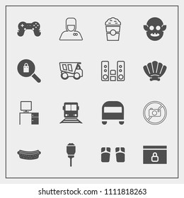 Modern, simple vector icon set with transportation, website, beach, ufo, food, street, game, internet, lamp, play, hospitality, forbidden, transport, dinner, cup, coffee, monster, shop, lock icons