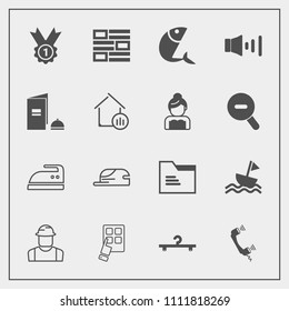 Modern, simple vector icon set with builder, ironing, sail, nautical, sound, award, white, winner, cap, housework, folder, person, cloakroom, brochure, phone, call, modern, seafood, hat, office icons