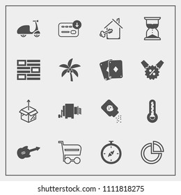 Modern, simple vector icon set with bag, temperature, pie, home, graph, compass, powder, sack, package, key, property, thermometer, business, bottle, buy, sand, north, ride, musical, market, box icons