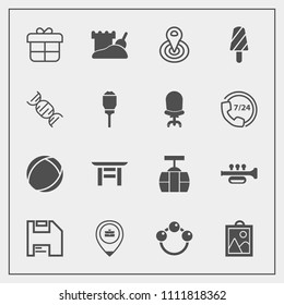 Modern, simple vector icon set with radius, computer, japanese, child, cable, trumpet, picture, decoration, ball, car, work, sand, business, ice, music, fruit, torii, job, diskette, image, sound icons