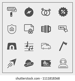 Modern, simple vector icon set with plane, spanner, christmas, roller, wrench, ufo, music, flight, spaceship, van, roll, travel, fireplace, spacecraft, engagement, traffic, technology, warm, fly icons