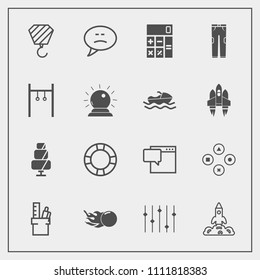 Modern, simple vector icon set with sorcery, bubble, finance, message, space, shuttle, accounting, chat, inflatable, dessert, science, clothing, construction, summer, technology, rocket, sport icons