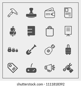 Modern, simple vector icon set with cash, airport, luggage, voice, dessert, card, kilogram, tool, loud, weight, purse, personal, construction, play, loudspeaker, guitar, musical, industry, sound icons