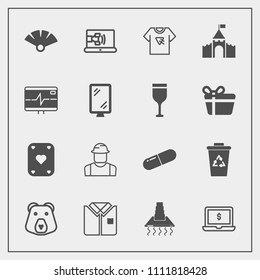 Modern, simple vector icon set with play, print, bear, call, laptop, technology, sensu, poker, notebook, communication, worker, waste, cooking, shirt, animal, internet, engineer, game, medical icons