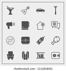 Modern, simple vector icon set with bus, library, drink, highway, money, armchair, direction, health, food, finance, cash, fashion, drawer, book, brush, style, forbidden, cocktail, coat, outfit icons