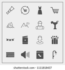 Modern, simple vector icon set with internet, sky, phone, dress, astronomy, business, food, present, volume, sandwich, sound, nature, audio, trolley, snack, female, hygiene, telescope, human, up icons