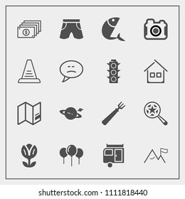 Modern, simple vector icon set with flower, trailer, decoration, finance, travel, floral, fish, blossom, caravan, map, spring, white, photo, step, money, ladder, magnifying, fork, photography icons