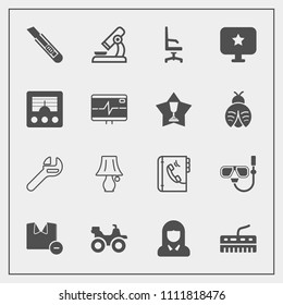Modern, simple vector icon set with dirt, science, music, table, wrench, equipment, girl, young, switch, extreme, microscope, repair, spanner, lady, male, white, summer, clothes, sea, lamp, book icons