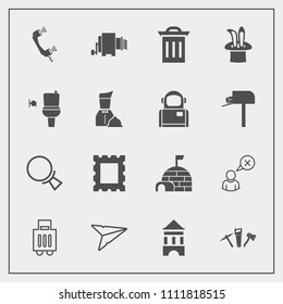 Modern, simple vector icon set with toilet, garbage, snow, search, airport, send, hammer, public, trash, profile, internet, restroom, message, box, tower, luggage, waste, bag, phone, baggage, wc icons