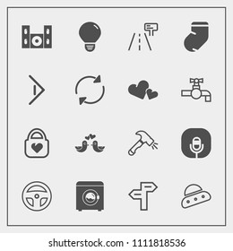 Modern, simple vector icon set with road, spaceship, bulb, sound, energy, space, business, video, microphone, home, speaker, animal, leather, construction, street, radio, music, cinema, ship icons