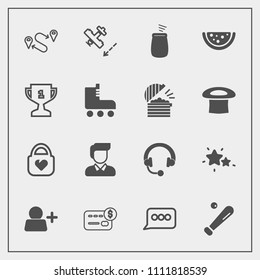 Modern, simple vector icon set with aircraft, food, credit, sport, bank, style, travel, headphone, astronomy, destination, add, sign, chat, male, ball, fashion, plane, sound, flight, leather icons