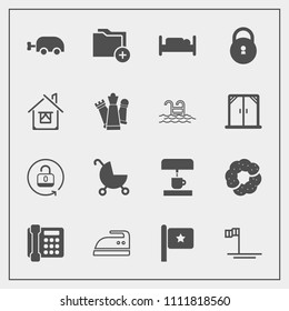 Modern, simple vector icon set with domestic, cake, food, open, document, phone, ironing, furniture, coffee, folder, dessert, lock, blue, bed, national, house, protection, communication, machine icons