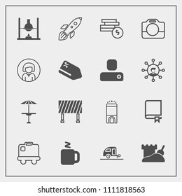 Modern, simple vector icon set with coin, traffic, table, book, travel, tower, space, street, research, baggage, sand, money, library, hot, handle, education, cafe, camera, cup, luxury, rocket icons