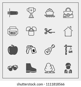 Modern, simple vector icon set with championship, boat, landscape, cup, nature, footwear, fresh, environment, competition, boy, ocean, house, hammer, security, pub, musical, memory, music, beer icons