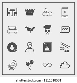Modern, simple vector icon set with crown, decoration, boy, furniture, eyesight, online, add, retro, seafood, coaxial, menu, queen, chair, sign, status, connection, table, birthday, cancel, king icons