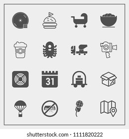 Modern, simple vector icon set with sandwich, day, lunch, disc, mic, tomato, luggage, time, new, sky, disk, parachute, package, parachuting, pin, extreme, music, jump, baby, bread, karaoke, bowl icons
