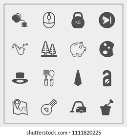 Modern, simple vector icon set with domestic, tea, click, label, spoon, weight, location, home, string, instrument, fork, video, dinner, play, bugle, music, housework, musical, privacy, sandbox icons