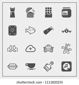 Modern, simple vector icon set with hamburger, cloud, party, celebration, holiday, bar, cappuccino, france, transport, chocolate, burger, game, car, bun, , glass, sound, dessert, restaurant, jar icons