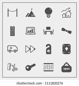 Modern, simple vector icon set with light, privacy, agenda, hotel, salon, hairdresser, music, play, button, ambulance, label, fashion, player, sign, calendar, fence, concept, bulb, store, white icons