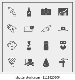 Modern, simple vector icon set with camera, truck, power, transport, call, electricity, energy, plant, cargo, business, drink, direction, bottle, rocket, beverage, banner, photographer, office icons