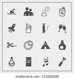 Modern, simple vector icon set with outdoor, laboratory, note, business, music, olive, travel, pie, graph, tent, technology, camp, equipment, lifebuoy, tool, refrigerator, food, healthy, freezer icons