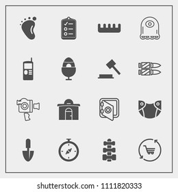 Modern, simple vector icon set with tool, shovel, gym, list, compass, real, foot, trolley, camera, business, bank, retail, equipment, comb, brush, beauty, child, estate, alien, north, video, map icons