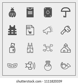 Modern, simple vector icon set with bug, musical, laboratory, umbrella, delivery, box, bugle, building, mask, equipment, tool, boy, lady, wallet, dollar, party, wear, weather, construction, play icons