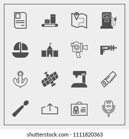 Modern, simple vector icon set with id, fashion, ship, voice, construction, karaoke, web, map, business, luggage, personal, travel, dinner, saw, upload, song, woman, technology, female, boat icons