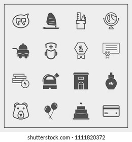 Modern, simple vector icon set with dessert, equipment, sweet, pie, wind, cake, coin, decoration, debit, card, message, bottle, building, aroma, perfume, fashion, animal, food, ocean, business icons