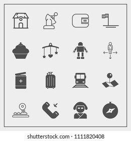 Modern, simple vector icon set with cash, medical, beautiful, earth, luggage, north, blue, communication, button, train, map, location, sweet, technology, sign, japan, purse, money, phone, home icons