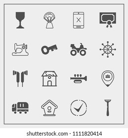 Modern, simple vector icon set with wooden, travel, award, sewing, cord, diploma, coaxial, subscription, delivery, alcohol, air, business, cargo, music, fashion, location, achievement, sign, job icons