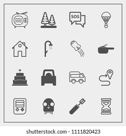 Modern, simple vector icon set with video, vehicle, left, food, ufo, space, sand, environment, television, antenna, navigation, dessert, help, clock, emergency, kitchen, nature, move, landscape icons