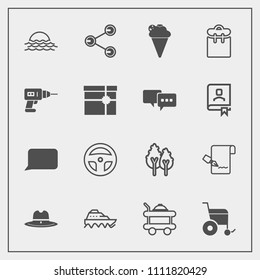 Modern, simple vector icon set with transport, dessert, water, environment, service, landscape, forest, paper, handicap, phone, sign, hotel, cowboy, boat, ice, bubble, document, talk, sunrise icons