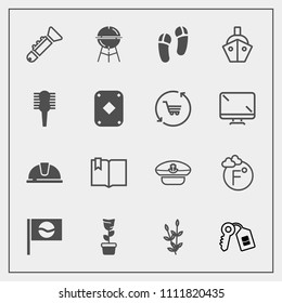 Modern, simple vector icon set with grill, footwear, door, musical, click, grain, bugle, room, captain, bbq, travel, security, navy, hat, sign, book, open, scale, japan, helmet, wheat, meat, pot icons