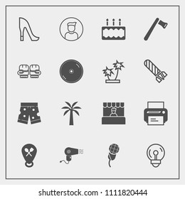Modern, simple vector icon set with pie, screwdriver, bulb, male, audio, printer, equipment, profile, supermarket, cake, electric, construction, mic, hammer, machine, restaurant, axe, fashion,  icons