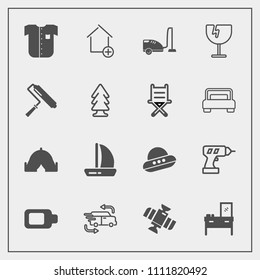 Modern, simple vector icon set with property, adventure, delivery, outdoor, interior, fast, battery, camp, wind, sign, space, furniture, business, work, domestic, ufo, spacecraft, technology icons