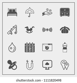 Modern, simple vector icon set with protection, business, magnetic, timetable, umbrella, pacifier, drop, science, bedroom, money, fishing, time, broom, baby, water, abstract, hand, map, travel icons