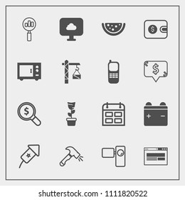 Modern, simple vector icon set with web, calendar, kitchen, shovel, cash, finance, pot, day, video, wallet, battery, purse, home, festival, holiday, cloud, time, food, oven, concept, background icons