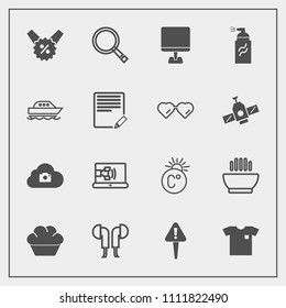 Modern, simple vector icon set with pc, dinner, temperature, fashion, fahrenheit, sound, percent, cake, web, dish, search, danger, white, photo, audio, paint, shirt, new, music, hot, online icons