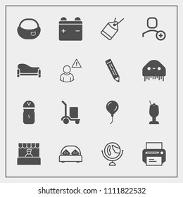 Modern, simple vector icon set with print, warehouse, package, store, spice, supermarket, bar, market, grocery, tag, object, alcohol, world, technology, battery, food, glass, furniture, printer icons