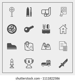Modern, simple vector icon set with transportation, ventilator, winner, map, business, delivery, spaceship, pin, air, dental, fashion, craft, financial, space, snorkel, truck, fork, footwear icons